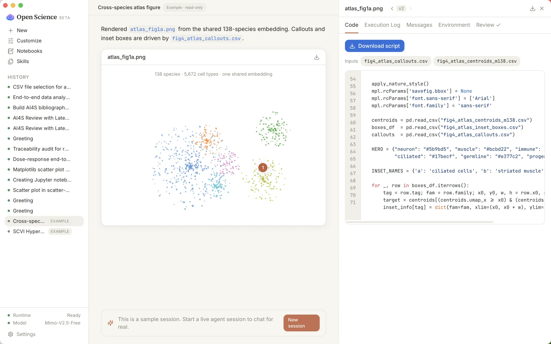 Open Science Desktop artifact view showing research evidence, code, and provenance