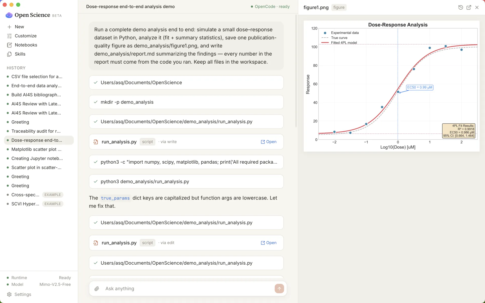 Open Science Desktop showing a local AI research workflow with a generated figure and traceable report